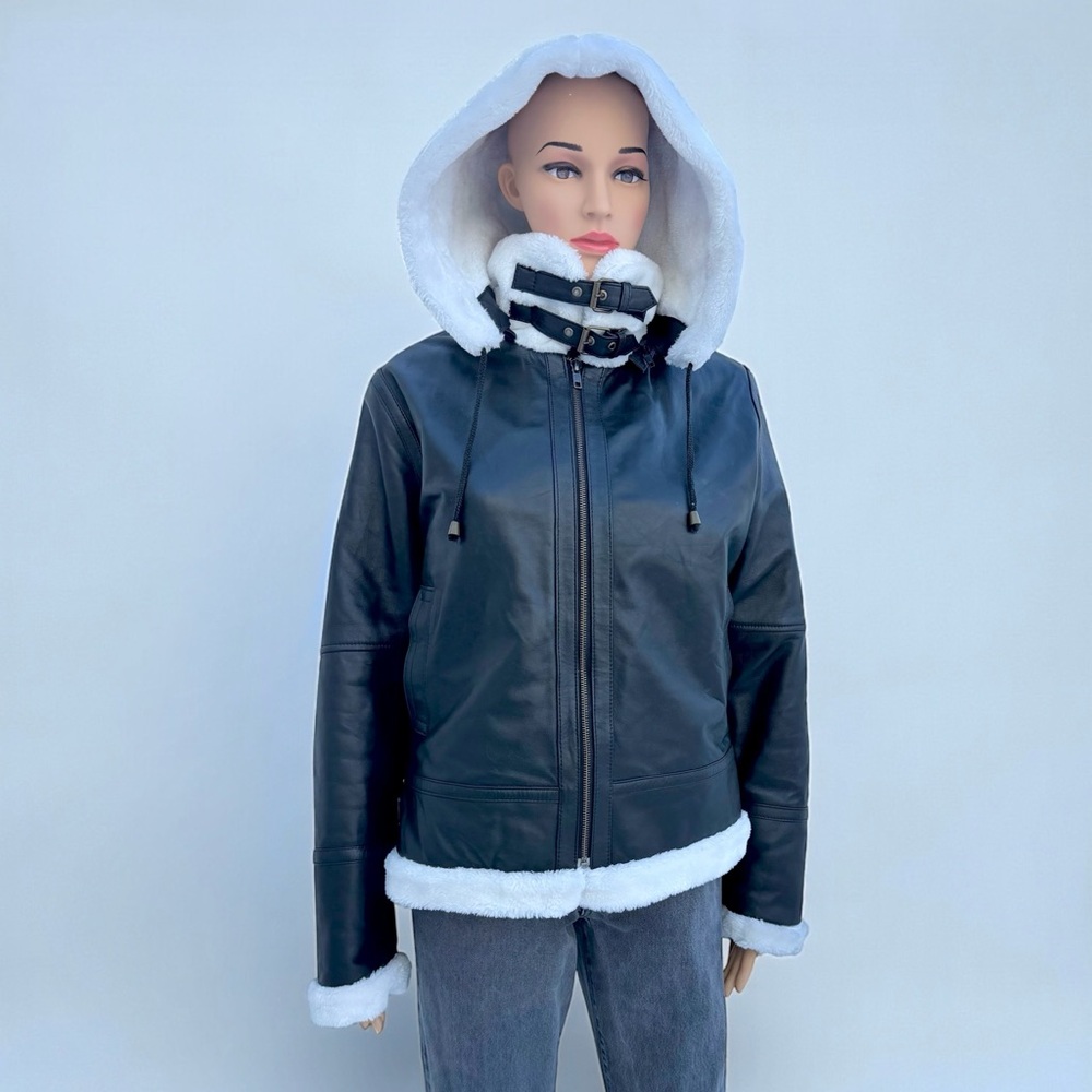 Genuine Leather Aviator Bomber Jacket w/ Faux Shearling Lining Women’s XL Black